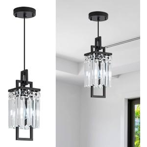 Modern Black Pendant Light Fixtures for Kitchen Island and Dining Room, Industrial Small Hanging Crystal Chandelier Light Fixture for Bedroom Entryway Living Room Foyer Hallway 1-Pack