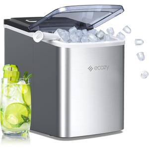 ecozy Portable Ice Maker Countertop, 9 Cubes Ready in 6 Mins, 26.5 lbs in 24 Hours, Self-Cleaning Ice Maker Machine with Ice Bags/Ice Scoop/Ice Basket for Home Kitchen Office Bar Party, Silver