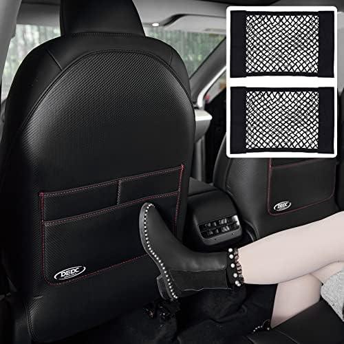 DEDC Tesla Model 3 Seat Back Protectors, Tesla Model Y Kick Mats, Tesla Model 3/Y Accessories, 2 Pcs Tesla Kick Mats Back Seat Protectors & 2 Pcs Mesh Cargo Net