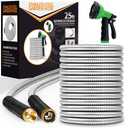 Garden Hose 25ft, Stainless Steel Heavy Duty Water Hose with 10 Function Nozzle Flexible, Lightweight, No-Kink, Pet Proof, Puncture Proof Metal Hose for Yard, Outdoor