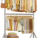 HYSEYY Heavy Duty Clothes Rack, Double Rod Clothing Rack for Hanging Clothes, Rolling Garment Rack, Adjustable Freestanding Wardrobe Closet Coat Rack for Bedroom Laundry Living Room, Silver