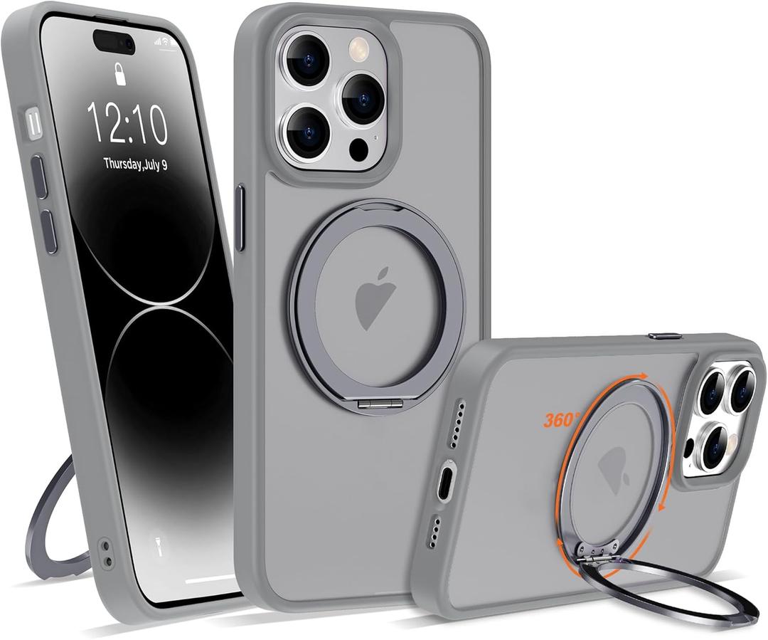 Compatible with iPhone 14 Pro Max Case with 360° Rotatable Magnetic Ring Stand [Compatible with Mag-Safe] Translucent Shockproof Protective Phone Case for Women Men, Titanium Grey