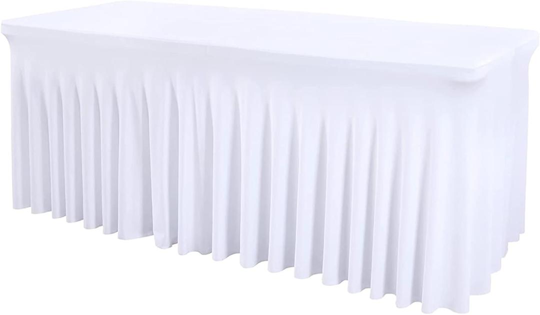 ManMengJi White Spandex Table Cover 6FT, Stretch Tablecloths with Skirts for Rectangle Tables, Wrinkle Resistant, Perfect for Weddings, Parties, Vendors