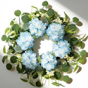 22 Inch Wreaths for Front Door, Spring Summer Flower Wreath - Blue Hydrangea & Eucalyptus Artificial Wreath for Easter, Front Door, Outdoor, Indoor, Window, Farmhouse Decor