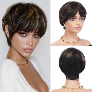 Pixie Cut Wig Human Hair for Black Women Glueless Short Wig with Bangs, None-Lace, Beginner-Friendly, Ready to Wear, Easy to Style - Black with Blonde Highlights