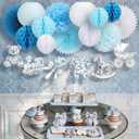 Epakh 23 Pcs Blue Toile De Jouy Baby Shower Decoration Pre-strung Vintage Blue Pink Toile De Jouy Sign with Honeycomb Ball Paper Flower Lantern Fan Hanging Swirl for Boy Baby Shower Decoration