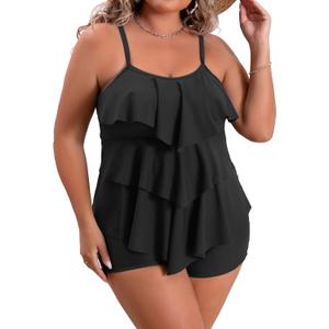 B2prity Women Plus Size Tankini Swimsuits Tummy Control Two Piece Bathing Suit Ruffled Flounce Swimwear with Shorts (Black)
