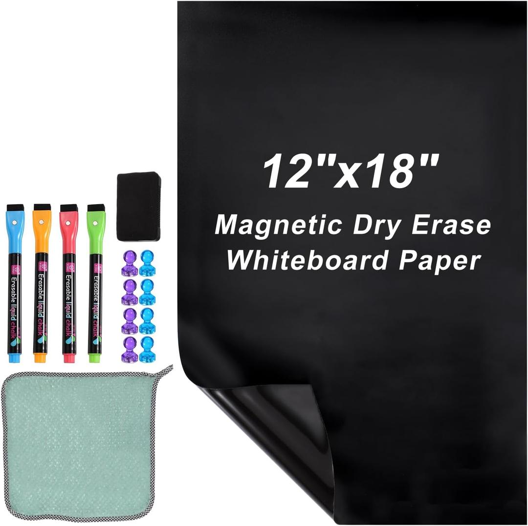 PATIKIL Magnetic Dry Erase Whiteboard Paper, 12"x18" Self Adhesive Black Board Stickers for Wall Blackboard Contact Paper Sheet with Marker, Magnetic Eraser and Magnets, Black