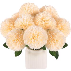 Hananona 12 Pcs Artificial Chrysanthemums Flowers Ball Flowers, Fake Mums Silk Plants for Home Decor Indoor Floral Arrangement Table Centerpiece (12, Champagne)