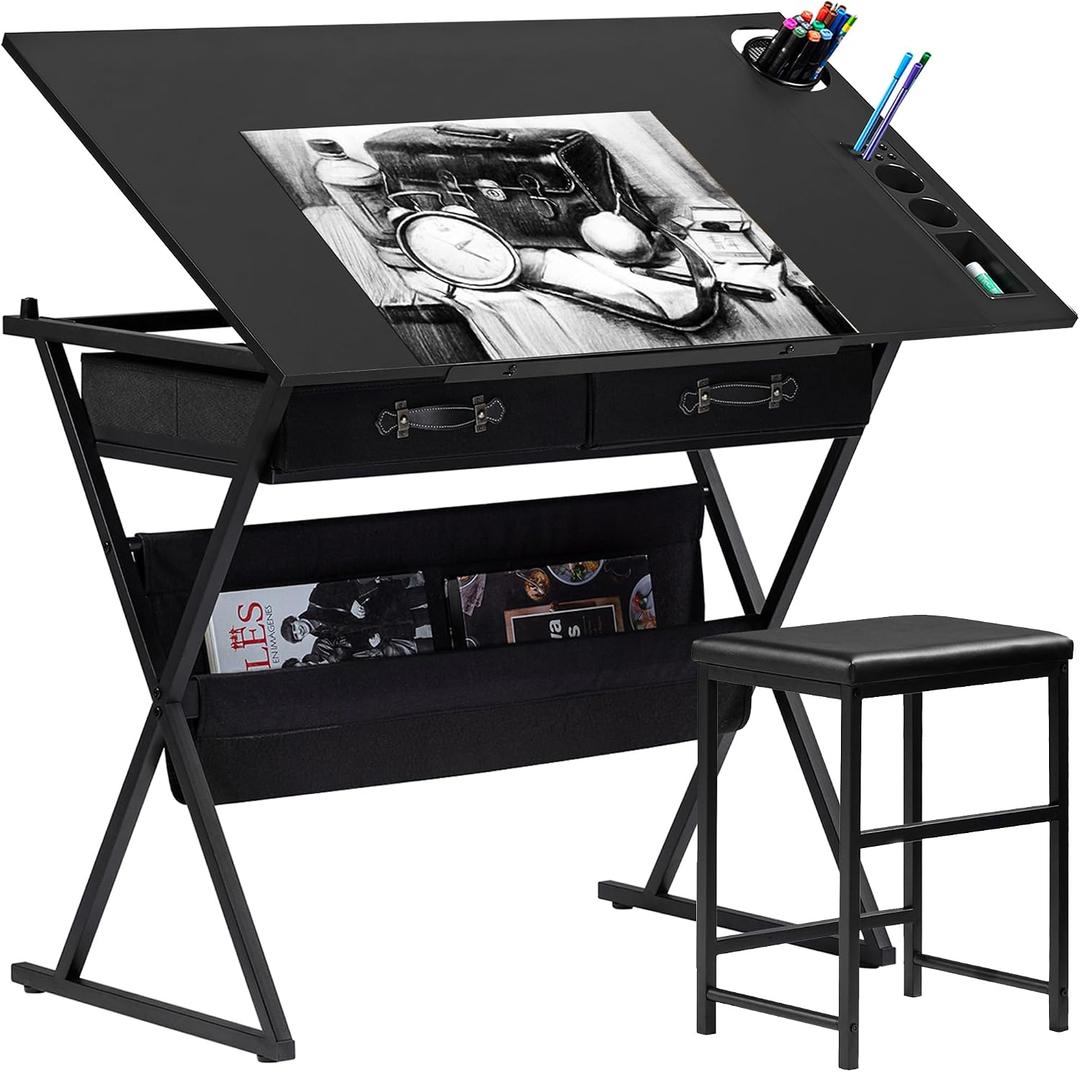 VECELO Drafting Table Art Desk Art Table Adjustable Drawing Table Tilted Tabletop with 2 Storage Drawers and Stool, Drawing Desk for Artist Painters Drawing, Crafting, Reading, Writing, Black, 40.2" L x 23.7" W x 29.5" H