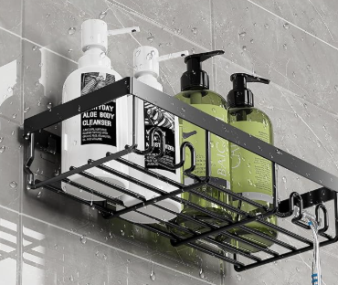Wbaioluy Shower Caddy, Shower Organizer, 1 Pack Shelf Organizer Rack, Self Adhesive Black Bathroom shelf basket with 4 Hooks, Wall Inside Organization, Apartment Essentials