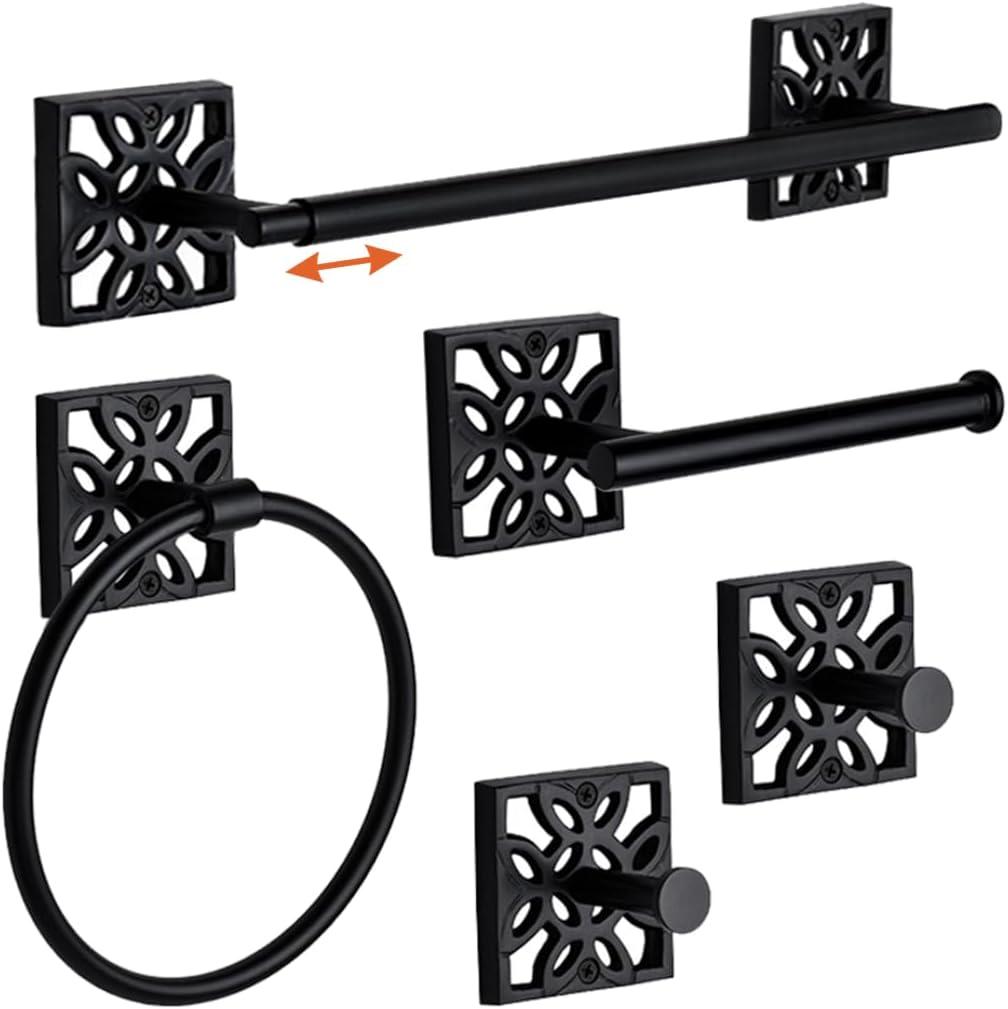 Autumn Alley 5 PC Matte Black Modern Bathroom Accessories Set, Wall Mounted - Towel Rack, Hand Towel Ring, Industrial Toilet Paper Holder, and 2 Towel Robe Hook for Bathroom Hardware Set
