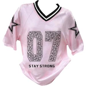 RoseSeek Girl's Jersey Y2K Oversized Graphic Number Print Tops V Neck Short Sleeve T Shirt Hip Pop Tee Streetwear (Pink, S)