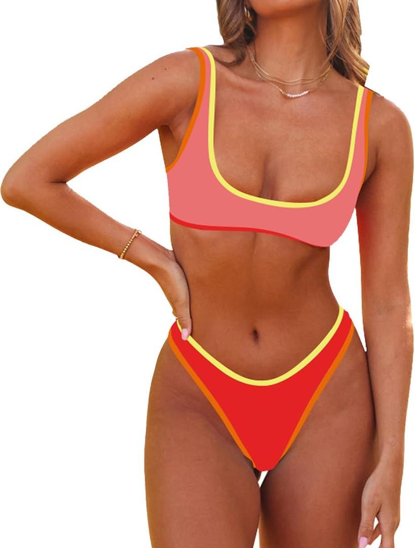SherryDC Women's Sexy Scoop Neck Bikini Sets Color Block High Cut Thong Brazilian Two Pieces Swimsuit Bathing Suit (Medium, 179-watermelon Red)