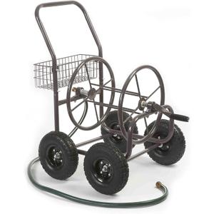 Liberty Garden Residential Grade Four Wheel 250 Foot Capacity Steel Frame Water Hose Reel Cart with Basket for Backyard, Garden, or Home, Brown, Bronze