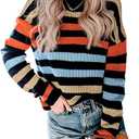 KIRUNDO Women's 2025 Fall Winter Striped Color Block Short Sweater Long Sleeve Crew Neck Casual Loose Knit Pullover Tops(X-Large, 2004-Rainbow)