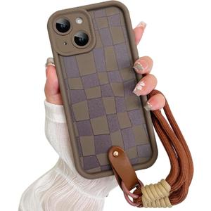 SOKAD for iPhone 13 Case, Cute Checkered Checkerboard Pattern Phone Case with Wrist Strap for Girls Women, Slim Soft Silicone Camera Protection Shockproof Case Cover, Brown