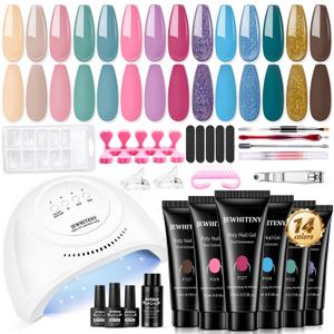 JEWHITENY Poly Gel Nail Kit 14 Colors - Yellow Nude Pink Blue Purple Glitter Tones Starter Kit with UV Lamp Base & Top Coat All-in-One Gift for Women Need U V Light Curing