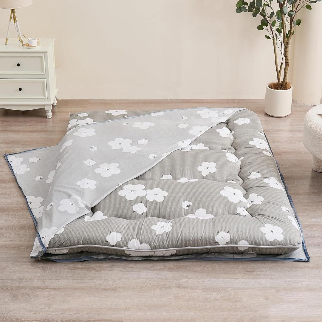 Futon Mattress Cover, Zippered Japanese Floor Mattress Protector, Machine Washable (Grey Cotton, Queen)