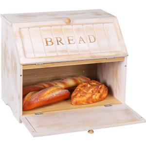 HOMEKOKO Vintage Double Layer Large Bread Box for Kitchen Counter, Retro Design Wooden Large Capacity Bread Storage Bin (White)