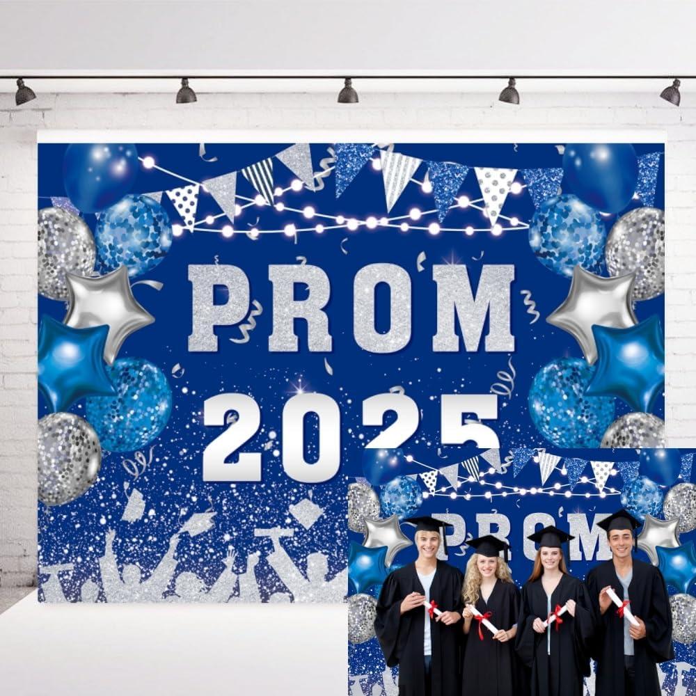 INRUI Prom 2025 Photography Background Blue and Silvery 2025 Prom Night Banner Glitter Balloons Flags Graduation Party Decorations Backdrop (7x5FT)