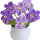 Blync Knitting Crochet Flowers Potted Plants, Fake Forget Me Not Flowers for Friends, Family and Lover, Artificial Handmade Flowers for Valentines Birthday Wedding Gift and Home Decor (Gpurple)