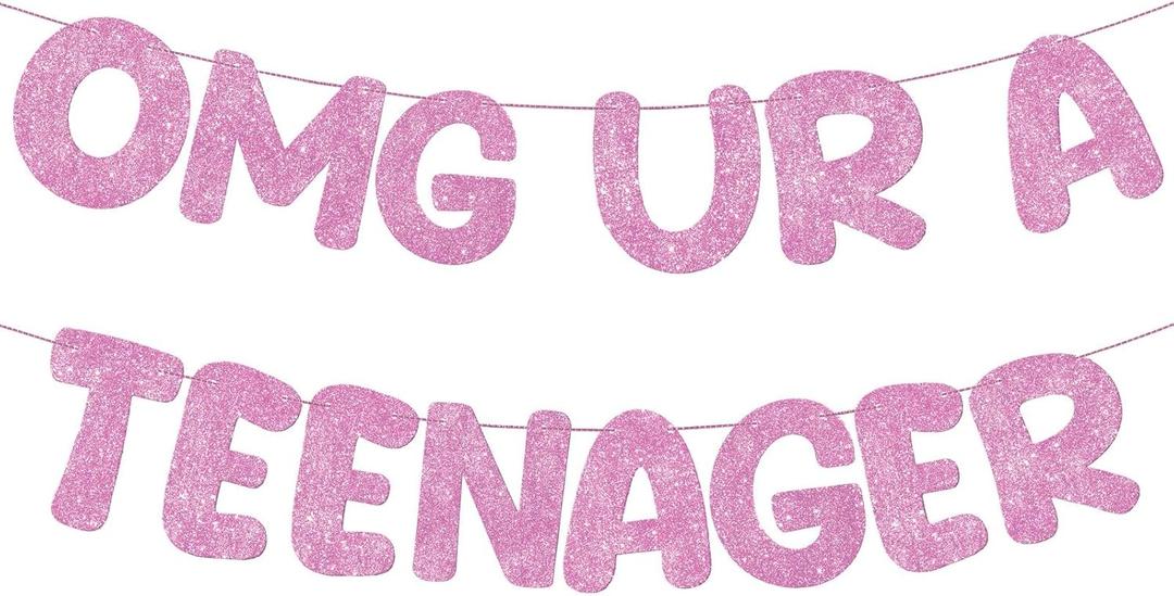 Fulmoon OMG Ur a Teenager Glitter Banner 13th Birthday Decorations Pre Strung 13th Birthday Banner for 13 Year Old Teen Birthday Party Favors Supplies(Pink)