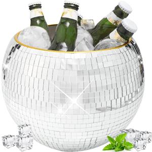 9.8 Inch Disco Ball Ice Bucket - Mirror Silver Decor for Cocktail Bar, Retro Party Accessories, Cooler for Wine, Beer, Champagne