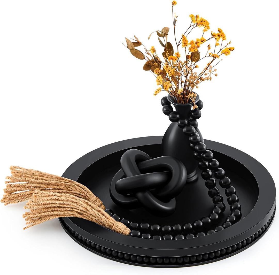 3 Pcs Coffee Table Decor Include 12in Black Wooden Serving Tray, Wood Boho Knot Chain and Wood Bead Garland with Tassels for Coffee Table Housewarming Gift Dining Room Entryway Living Room Farmhouse