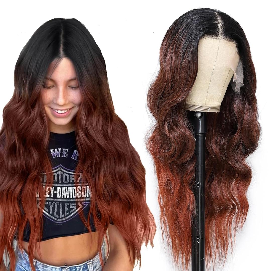 Ombre Copper 350 Synthetic Lace Front Wig 13x6 HD Lace Black to Reddish Brown Long Wavy Wig For Black Women Auburn Wigs Glueless Pre Plucked Natural Hairline