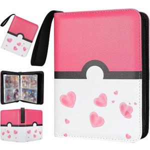 Collectible Trading Card Albums,4 Pocket Card Binder, 400 Double Sided Pocket,PU Premium Zip Trading Card Binder for TCG, MTG,Sports Cards (Pink White)