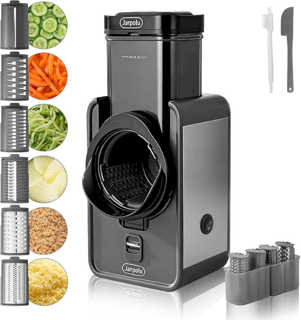 Electric Cheese Grater, Rotating Vegetable Shredder Machine, Potato Slicer with 6 Stainless Steel Blades, Multifunctional Kitchen Tool for Fruits, Nuts, Dark Grey