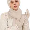 Winter Beanie Hat Scarf Gloves Set for Women Fleece Lined Knit Pom Pom Beanie Neck Scarf Touchscreen Gloves Gift Set (Beige)