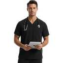 YESWEL Mens Scrub Top with 1 Chest Pocket, Modern V-Neck Scrubs Top, 4-Way Stretch, Soft, Durable, Breathable, Moisture-Wicking, Black, M