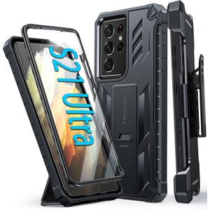 FNTCASE for Samsung Galaxy S21-Ultra Case: Military Shockproof Protective Phone Cover with Belt-Clip Holster & Kickstand, Drop Proof Heavy Duty Rugged Cases for S21Ultra 5G-Black