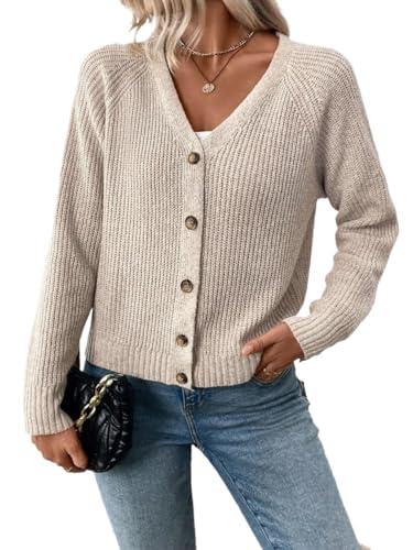Cardigan for Womens Long Sleeve V Neck Rib Knit Cardigan Trendy Tops Beige, Medium