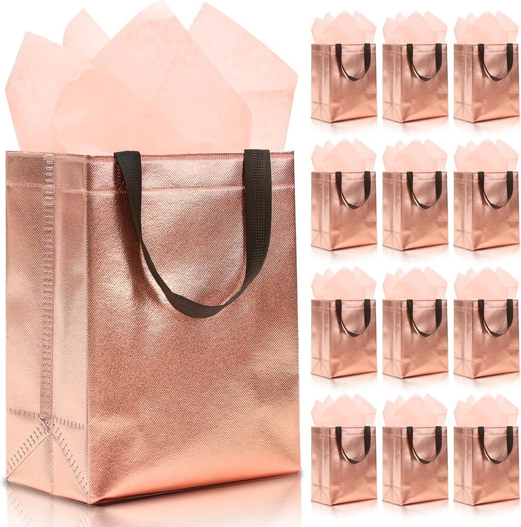 KeerxunBag 12pcs Reusable Gift BagsIncludes Tissue Paper Gift bag with handle Birthdays Parties Holidays Weddings Medium 10x4x8in rose gold Gift Bags