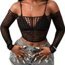 Floerns Women's Hollow Out Mesh Long Sleeve Crop Tops Off The Shoulder Y2k T Shirts (Black)