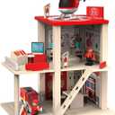 Wooden Fire Station Playset, Multicolor 3-Level Pretend Play Dollhouse with Figures, Truck, Helicopter and Accessories, Preschool Learning Educational Toys for Toddlers Kids Age 3 and up