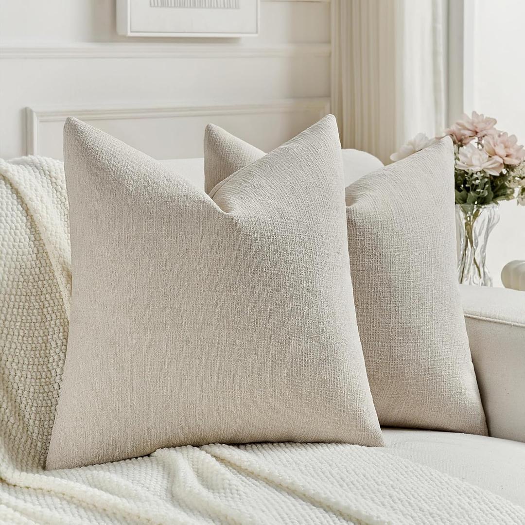 FUTEI Pack of 2 Chenille Decorative Throw Pillow Covers 24x24 Inch,Soft Cozy Faux Linen Textured European Pillow Shams,Farmhouse Home Decor for Couch Living Room,Beige