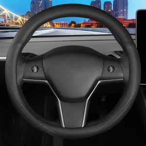 Leather Steering Wheel Cover Custom-Fit for Tesla Model 3/Y 2016-2026, Comfort Grip Design Breathable and Non-Slip, Model 3/Y Car Steering Wheel Protector, Tesla Accessories, Black(A-Style, for Tesla)