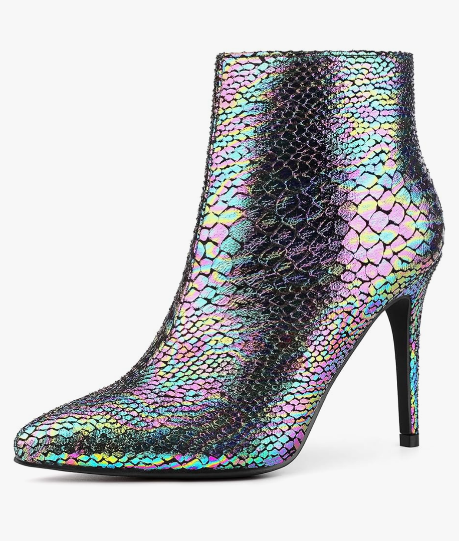 Perphy Snakeskin Printed Metallic Boots Pointed Toe Stiletto Heel Ankle Boots for Women 9