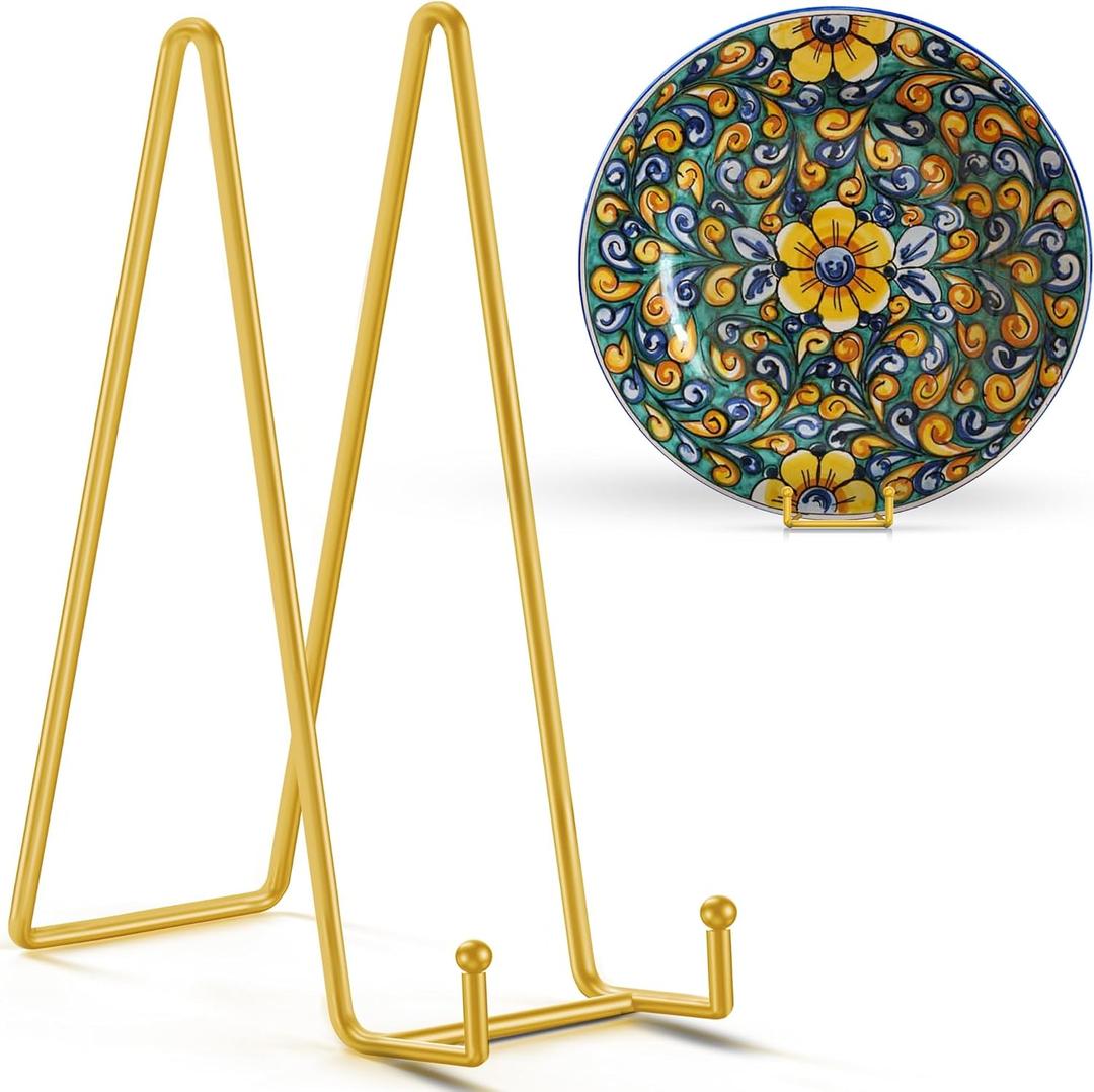 TR-LIFE 14 Inch Gold Metal Plate Stand (2 Pack) - Heavy Duty Display Easel for Large Plates, Frames, Platters and Art