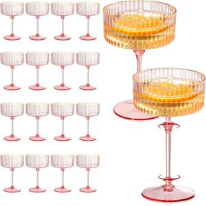 XUWAIDSGN 24 Pcs Champagne Martini Glasses 9 Oz with Gilded Removable Gold Rim Coupe Glasses Pink Martini Glasses Plastic Mimosa Vintage Coupe Glasses Set For Wedding Anniversary (24, Ribbed Pink)