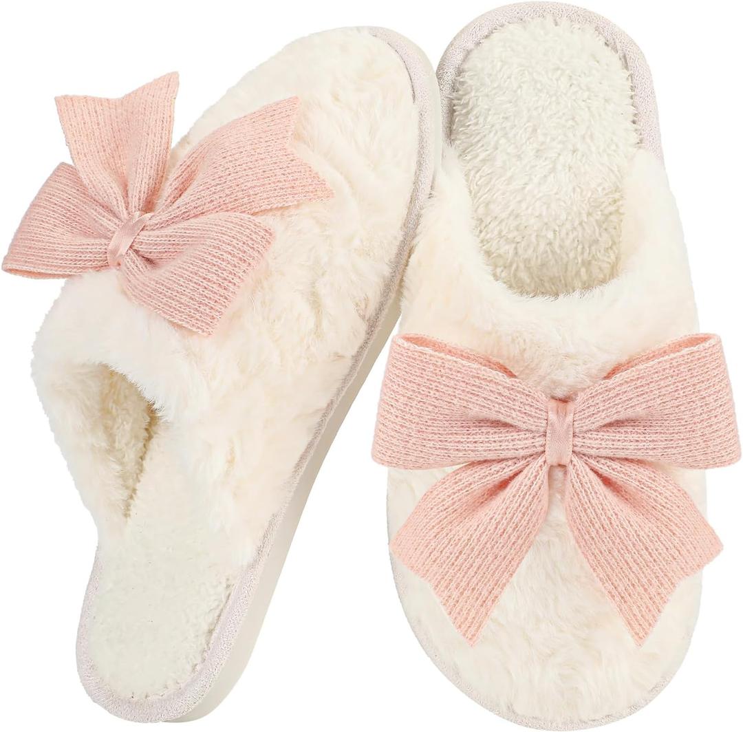 Women's Cute Bow Slippers Cartoon House Fur Shoes Cozy Indoor Momory Foam Outdoor (9-10, Pink)