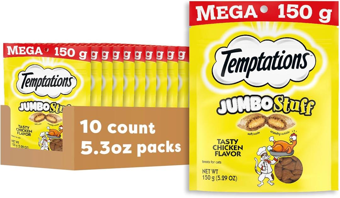 Temptations Jumbo Stuff Crunchy and Soft Cat Treats Tasty Chicken Flavor, 5.3 oz (Pack of 10)