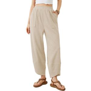 Xiaoxuemeng Womens Baggy Wide Leg Pants Casual Elastic Waisted Palazzo Harem Pants with Pockets (Medium, Beige)