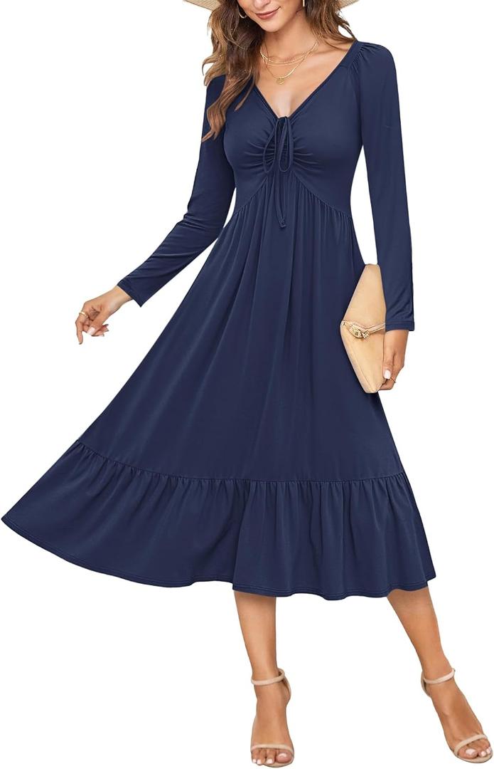 AUSELILY Women's Empire Waist Dress Long Sleeve V Neck Drawstring Long Flowy A-line Midi Casual Fall Dresses 2025 (Blue, M)