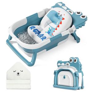 MoreFeel Collapsible Baby Bathtub for Newborn with Thermometer & 1 Hooded Towel & 1 Soft Floating Cushion,Portable Travel Bathtub with Drain Hole, Durable Foldable Baby Tubs for Infants to Toddler, Blue (Alligator)