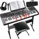AQNIEGEP 61 Key Electric Keyboard Piano for Beginners & Adults w/Light-Up Keys, Full Set: Stand, Bench, Headphones, Padded Bag, Note Stickers, 70 Demos, 200 Rhythms/Tones, LED Display, Teaching Modes